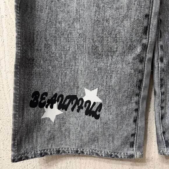 Gray Wide Leg Jeans Y2K Graphic Denim Pants High Waist Baggy Streetwear Cartoon - Picture 7 of 9